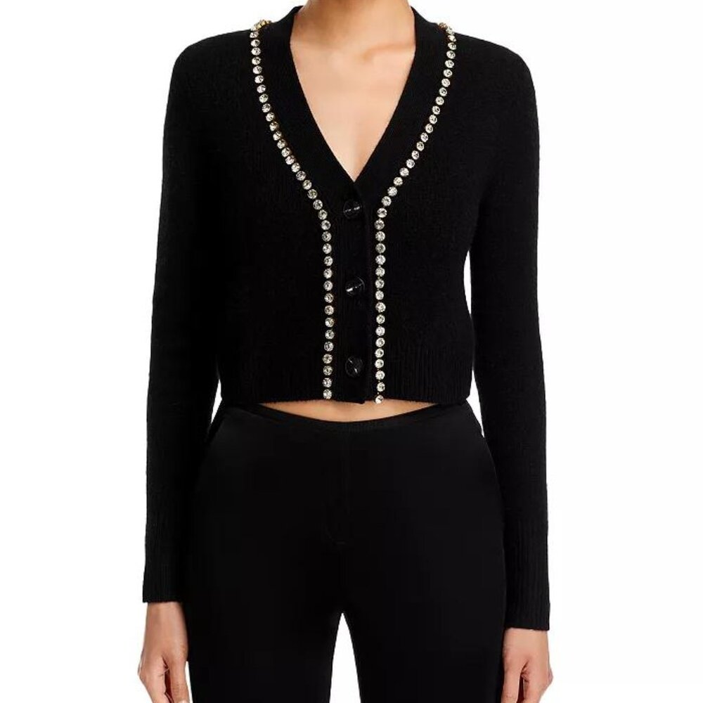 Aqua Black Cashmere V-Neck Cardigan with Rhinestone Trim - Picture 4 of 9